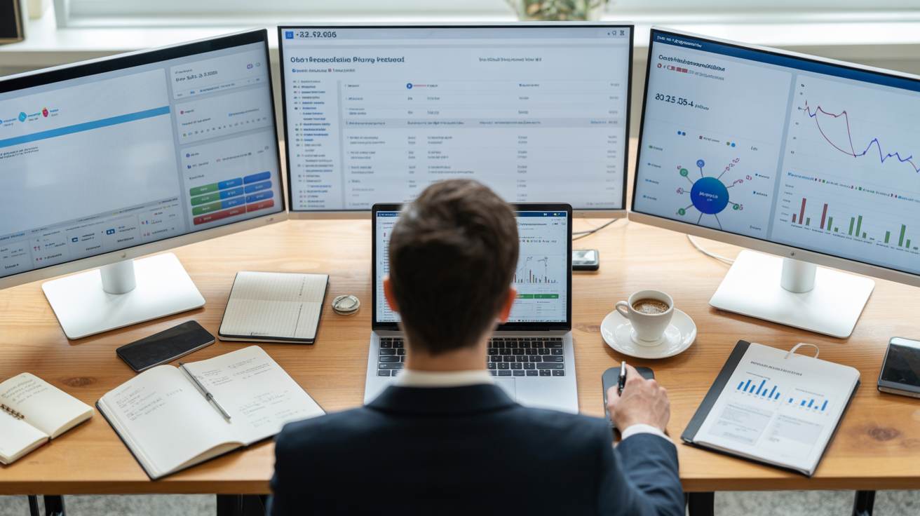 Professional research workspace with multiple monitors displaying company analytics and business intelligence